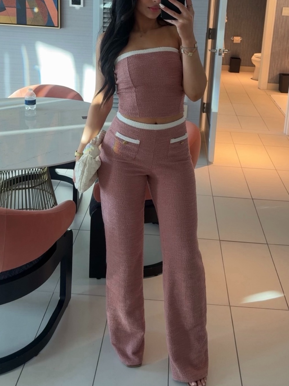 Women’s Pink Two-Piece Strapless Top & Wide-Leg Pants Set